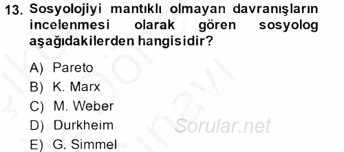 Klasik Sosyoloji Tarihi 2014 - 2015 Dönem Sonu Sınavı 13.Soru