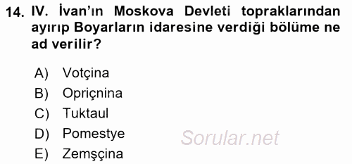 Rusya Tarihi 2017 - 2018 Ara Sınavı 14.Soru