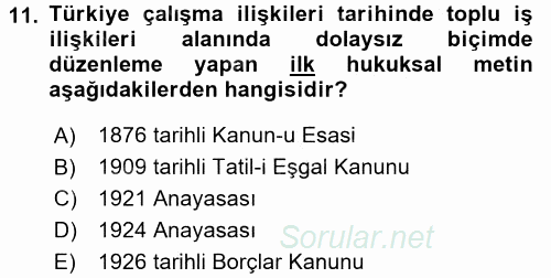 Çalışma İlişkileri Tarihi 2017 - 2018 Ara Sınavı 11.Soru