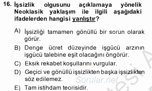 Çalışma Ekonomisi 2 2014 - 2015 Dönem Sonu Sınavı 16.Soru