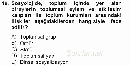 Din Sosyolojisi 2012 - 2013 Ara Sınavı 19.Soru