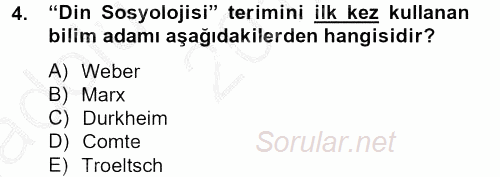 Din Sosyolojisi 2012 - 2013 Ara Sınavı 4.Soru