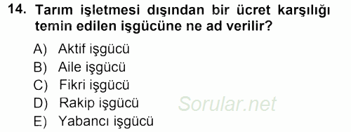 Tarım Ekonomisi 2014 - 2015 Ara Sınavı 14.Soru