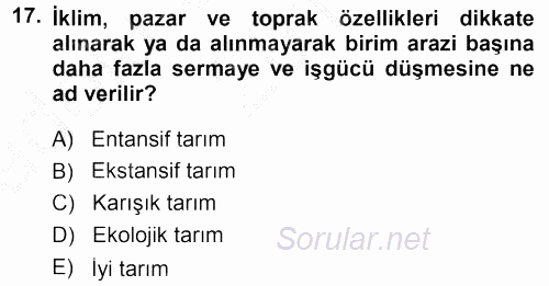 Tarım Ekonomisi 2014 - 2015 Ara Sınavı 17.Soru