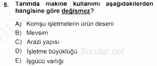 Tarım Ekonomisi 2014 - 2015 Ara Sınavı 5.Soru