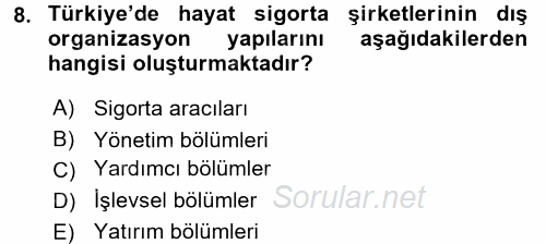 Hayat Sigortaları Ve Bireysel Emeklilik Sistemi 2015 - 2016 Tek Ders Sınavı 8.Soru