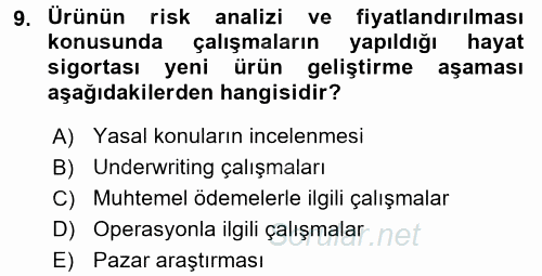 Hayat Sigortaları Ve Bireysel Emeklilik Sistemi 2015 - 2016 Tek Ders Sınavı 9.Soru