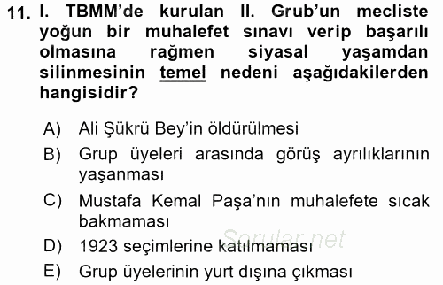 Türkiye´de Demokrasi Ve Parlemento Tarihi 2015 - 2016 Ara Sınavı 11.Soru