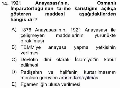 Türkiye´de Demokrasi Ve Parlemento Tarihi 2015 - 2016 Ara Sınavı 14.Soru