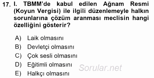 Türkiye´de Demokrasi Ve Parlemento Tarihi 2015 - 2016 Ara Sınavı 17.Soru