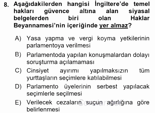Türkiye´de Demokrasi Ve Parlemento Tarihi 2015 - 2016 Ara Sınavı 8.Soru