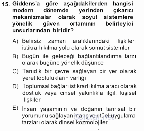 Sosyolojide Yakın Dönem Gelişmeler 2013 - 2014 Ara Sınavı 15.Soru