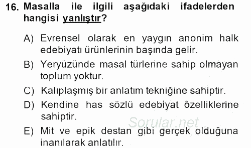 Halk Edebiyatına Giriş 1 2014 - 2015 Dönem Sonu Sınavı 16.Soru