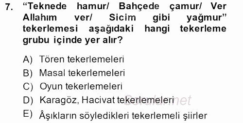 Halk Edebiyatına Giriş 1 2014 - 2015 Dönem Sonu Sınavı 7.Soru