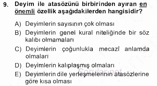 Halk Edebiyatına Giriş 1 2014 - 2015 Dönem Sonu Sınavı 9.Soru