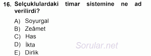 Osmanlı Merkez ve Taşra Teşkilatı 2012 - 2013 Ara Sınavı 16.Soru