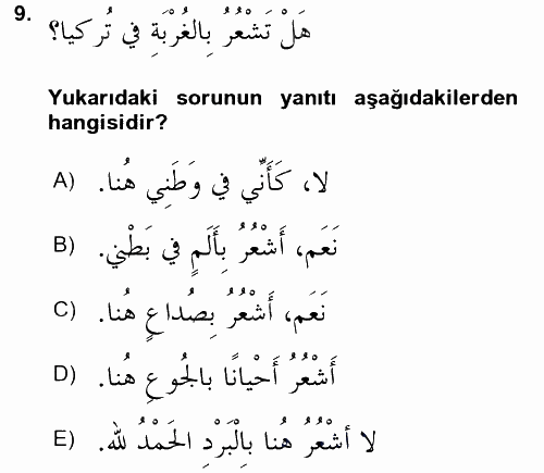 Arapça 2 2017 - 2018 3 Ders Sınavı 9.Soru