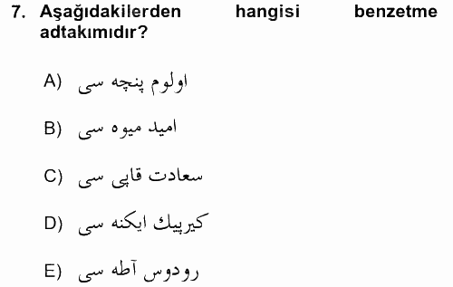 Osmanlı Türkçesine Giriş 2 2016 - 2017 Dönem Sonu Sınavı 7.Soru