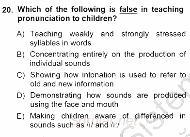 Çocuklara Yabancı Dil Öğretimi 1 2012 - 2013 Ara Sınavı 20.Soru