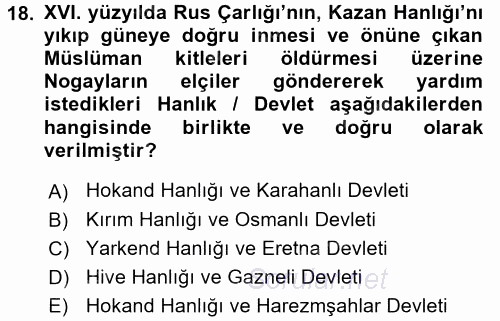 Orta Asya Türk Tarihi 2016 - 2017 Dönem Sonu Sınavı 18.Soru