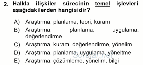 Halkla İlişkiler Ve İletişim 2016 - 2017 Dönem Sonu Sınavı 2.Soru