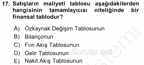 Finansal Tablolar Analizi 2016 - 2017 Ara Sınavı 17.Soru