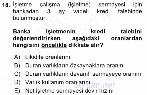 Finansal Tablolar Analizi 2016 - 2017 Ara Sınavı 18.Soru