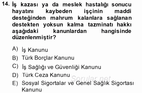İş Sağlığı ve Güvenliği 2014 - 2015 Tek Ders Sınavı 14.Soru