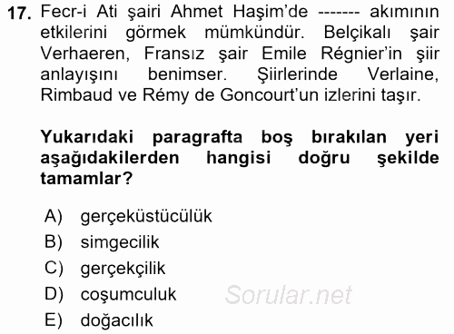Batı Edebiyatında Akımlar 2 2017 - 2018 Dönem Sonu Sınavı 17.Soru
