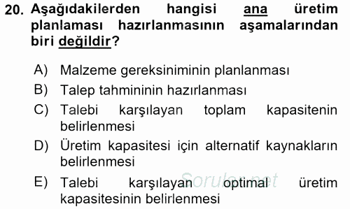 İş Planı 2016 - 2017 Ara Sınavı 20.Soru
