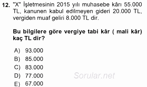 Dönemsonu İşlemleri 2016 - 2017 Dönem Sonu Sınavı 12.Soru