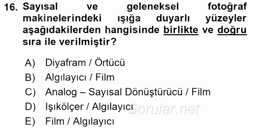 Sayısal Fotoğrafa Giriş 2015 - 2016 Tek Ders Sınavı 16.Soru
