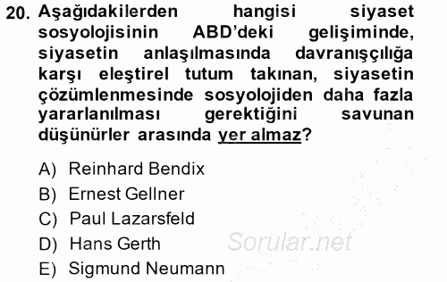 Siyaset Sosyolojisi 2014 - 2015 Ara Sınavı 20.Soru