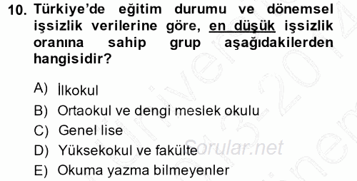 İstihdam ve İşsizlik 2013 - 2014 Dönem Sonu Sınavı 10.Soru
