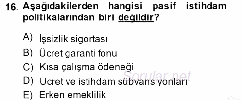 İstihdam ve İşsizlik 2013 - 2014 Dönem Sonu Sınavı 16.Soru