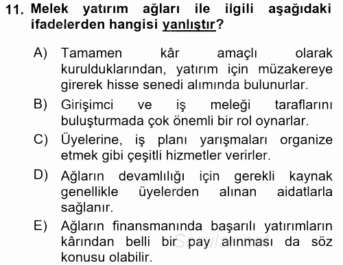 Girişim Finansmanı 2017 - 2018 Dönem Sonu Sınavı 11.Soru