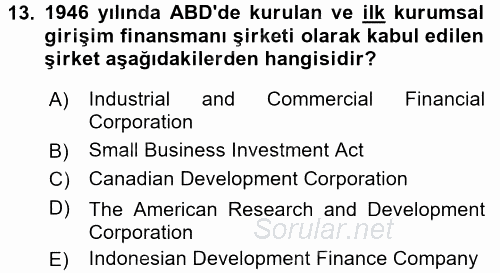 Girişim Finansmanı 2017 - 2018 Dönem Sonu Sınavı 13.Soru