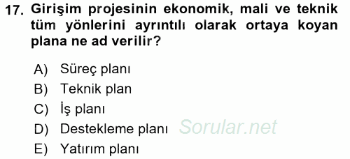 Girişim Finansmanı 2017 - 2018 Dönem Sonu Sınavı 17.Soru