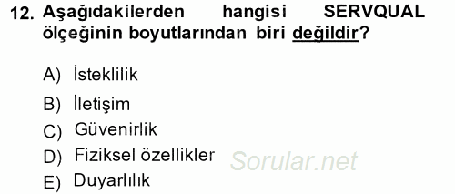 Konaklama Hizmetlerinde Kalite Yönetimi 2014 - 2015 Dönem Sonu Sınavı 12.Soru