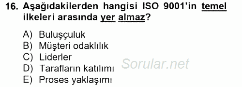 Konaklama Hizmetlerinde Kalite Yönetimi 2014 - 2015 Dönem Sonu Sınavı 16.Soru
