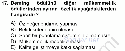Konaklama Hizmetlerinde Kalite Yönetimi 2014 - 2015 Dönem Sonu Sınavı 17.Soru