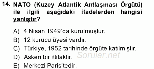 Siyasi Tarih 2 2014 - 2015 Ara Sınavı 14.Soru