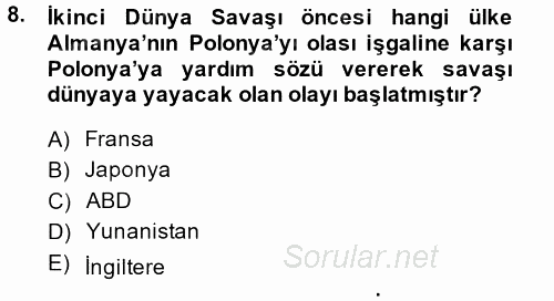 Siyasi Tarih 2 2014 - 2015 Ara Sınavı 8.Soru