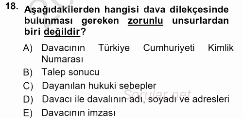 Medeni Usul Hukuku 2012 - 2013 Ara Sınavı 18.Soru