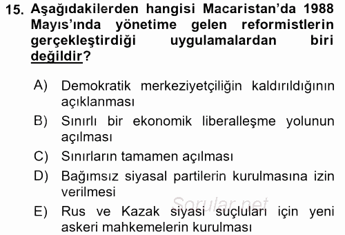 Siyasi Tarih 2 2017 - 2018 Dönem Sonu Sınavı 15.Soru