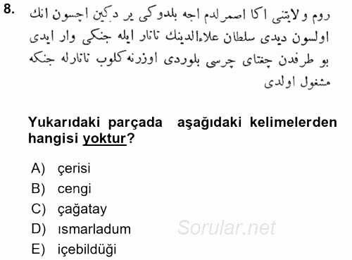 Osmanlı Türkçesi Metinleri 1 2015 - 2016 Ara Sınavı 8.Soru