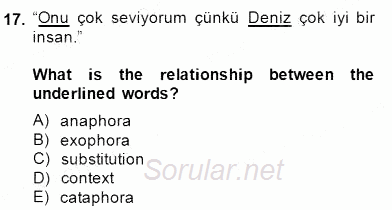 Türkçe Tümce Bilgisi Ve Anlambilim 2014 - 2015 Dönem Sonu Sınavı 17.Soru