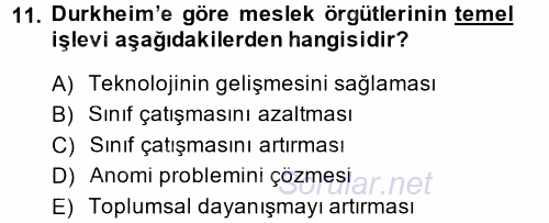 Çalışma Sosyolojisi 2014 - 2015 Dönem Sonu Sınavı 11.Soru