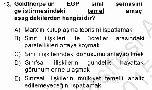 Çalışma Sosyolojisi 2014 - 2015 Dönem Sonu Sınavı 13.Soru