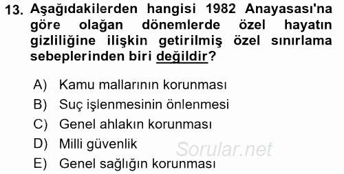 Temel İnsan Hakları Bilgisi 2 2017 - 2018 Dönem Sonu Sınavı 13.Soru